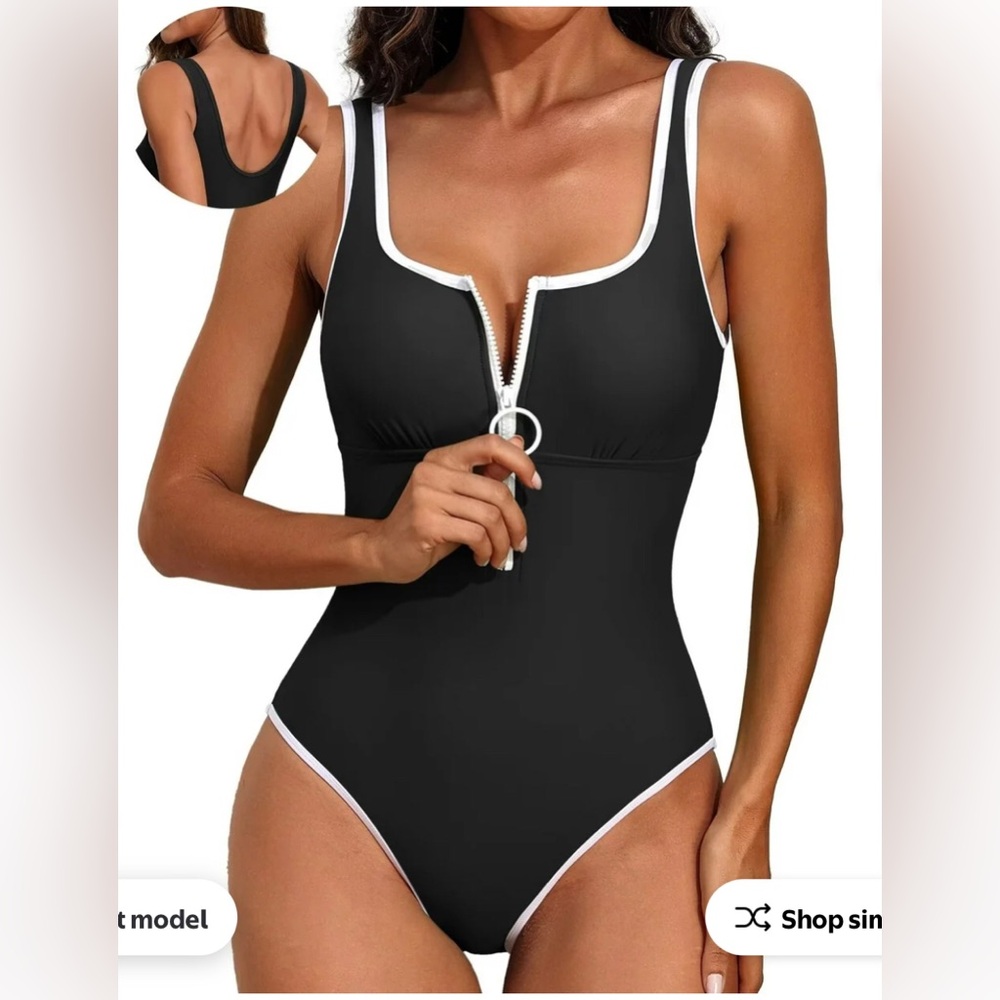 Black and White Zipper One-Piece Swimsuit